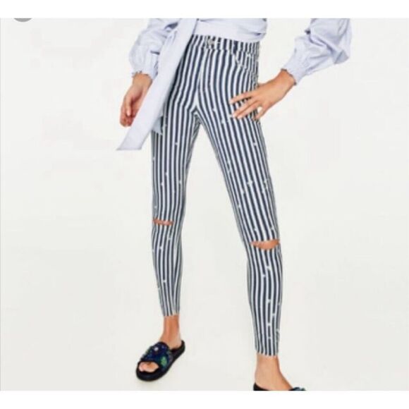 NWOT ZARA TRAFALUC BLUE & WHITE STRIPED SKINNY JEANS Size 00 - Picture 2 of 13